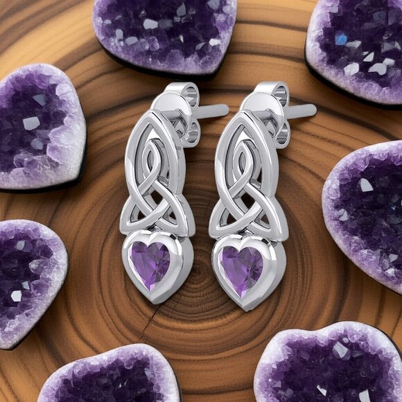 Celtic Knotwork Amethyst Heart Sterling Silver Earrings - Picture 1 of 4
